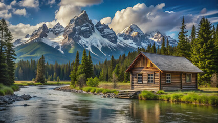 Rustic wooden cabin nestled at riverside with a backdrop of snow-capped mountain peak, wooden cabin, riverside