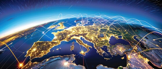 A globe with a network of lines connecting the continents of Europe and Africa