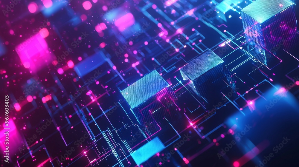 Poster virtual reality, optical fiber, and computer wires on a neural network in 3d with shallow depth of f