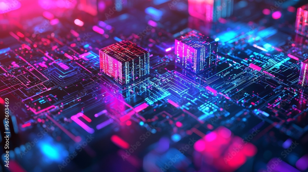 Poster a 3d illustration of big data with computer wires on a neural network, representing global stock dat