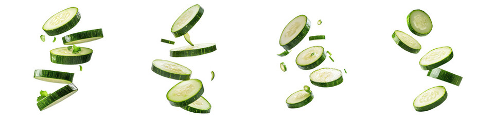 falling zucchini slices on white background,transparent background