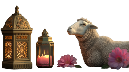 A Cute Sheep Sitting in front of a Candle Lamp on the celebration arabic festival eid al adha, festival of sacrifice.