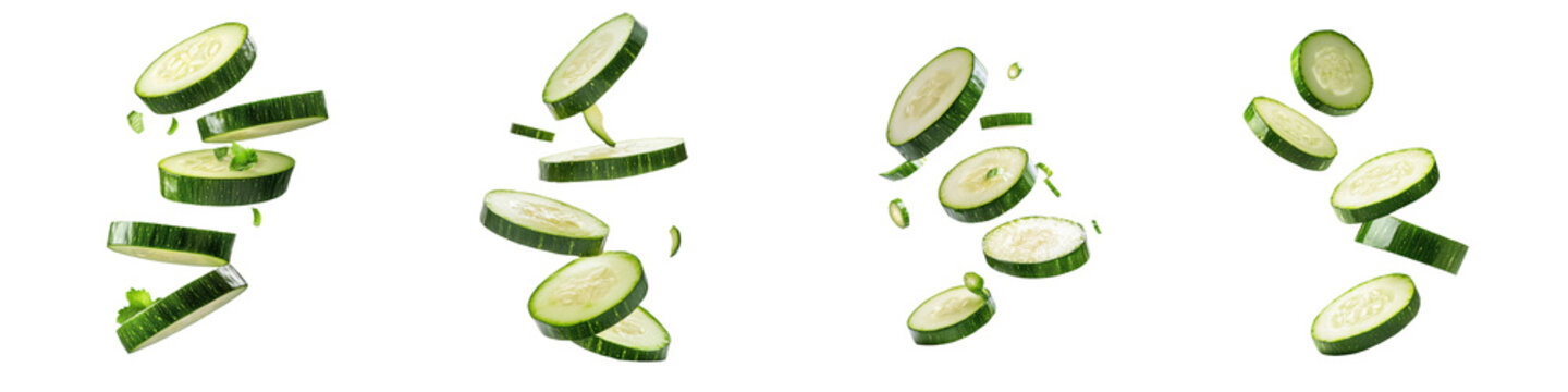 falling zucchini slices on white background,transparent background