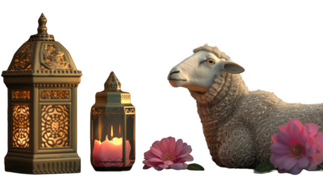 A Cute Sheep Sitting in front of a Candle Lamp on the celebration arabic festival eid al adha, festival of sacrifice.