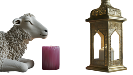 A Cute Sheep Sitting in front of a Candle Lamp on the celebration arabic festival eid al adha, festival of sacrifice.