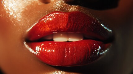 A close-up of a model lips, with bold lipstick and lip gloss shining under studio lights.