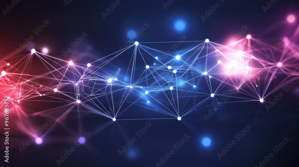 Poster computer-generated abstract background composed of a colorful glowing nanotechnology grid.
