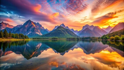 Landscape with colorful mountains at sunset reflected in a serene lake , vibrant, colors, mountains, sunset, lake