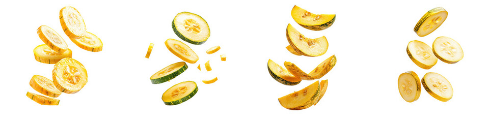falling scallopini squash slices on white background,transparent background