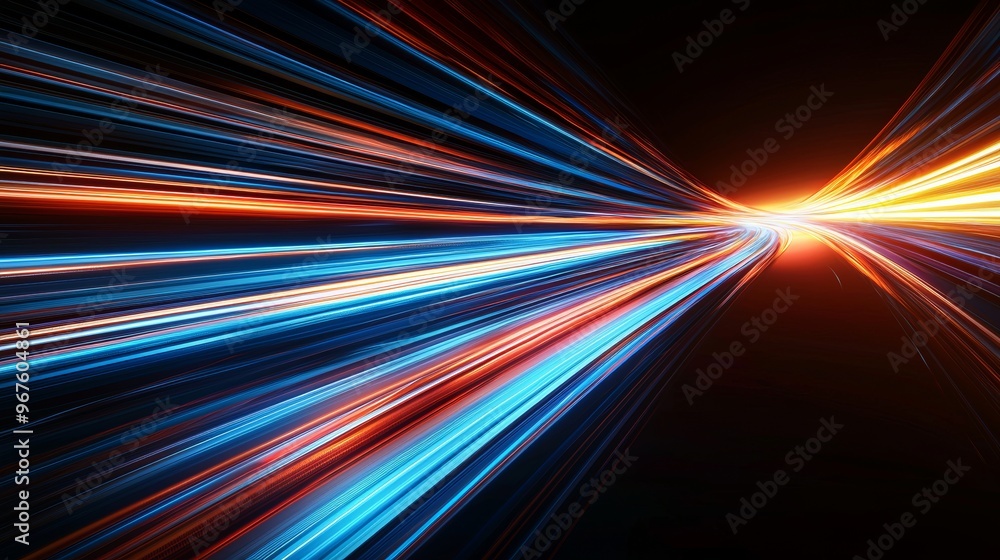 Poster a 3d rendering of a futuristic hyperspace speed tunnel depicts streaks of light.