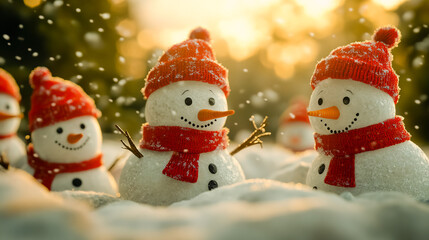 A group of snowmen wearing red hats and scarves in the snow.