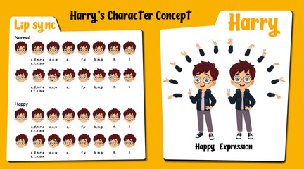 Happy boy cartoon character. Boy face lip sync vector set. Cartoon hand gesture clipart, graphic, illustration.