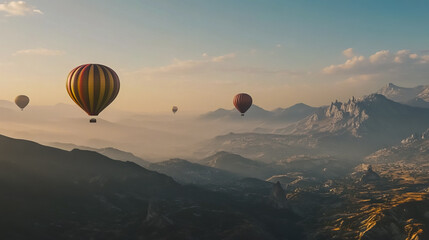Obraz premium A group of colorful hot air balloons flying over a mountain range.