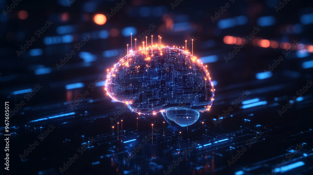 Poster a glowing ai brain encased in circuits and algorithms, representing advanced technology and innovati