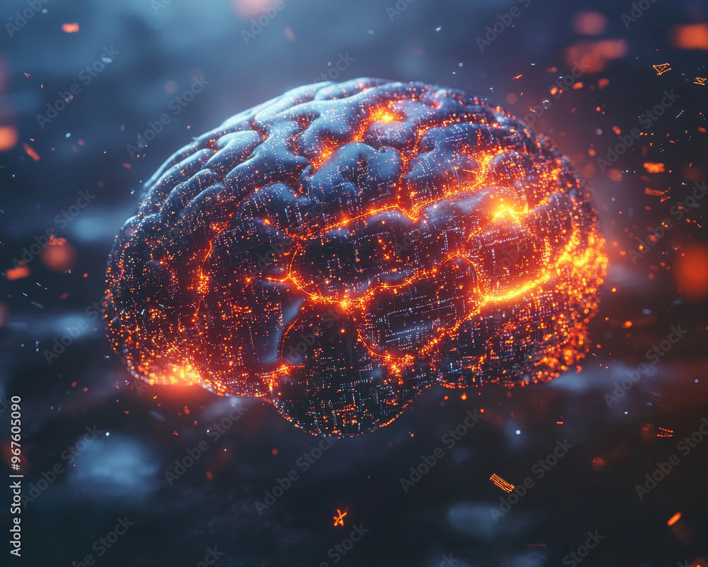 Poster a glowing ai brain encased in data fragments symbolizes fusion of technology and intelligence. this 