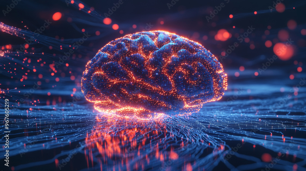 Poster a glowing ai brain is surrounded by streams of data particles, creating vibrant and dynamic visual r