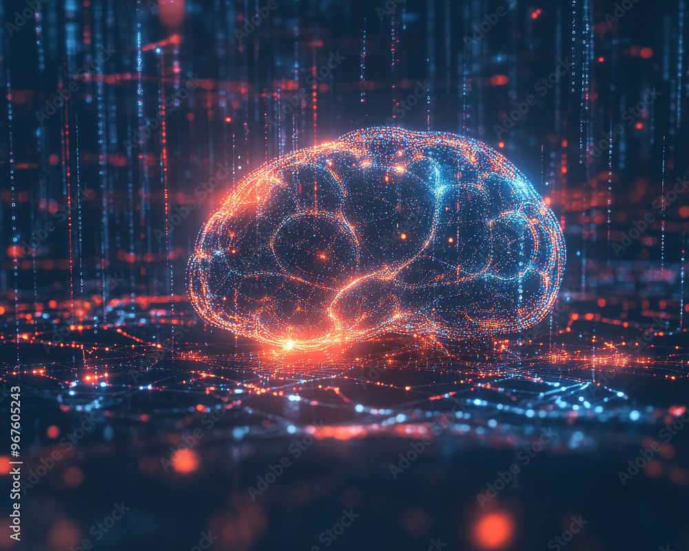 Poster a glowing digital brain suspended in web of data streams, representing advanced technology and artif