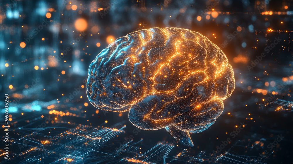 Poster a glowing ai brain is surrounded by streams of data particles, creating vibrant and dynamic visual r