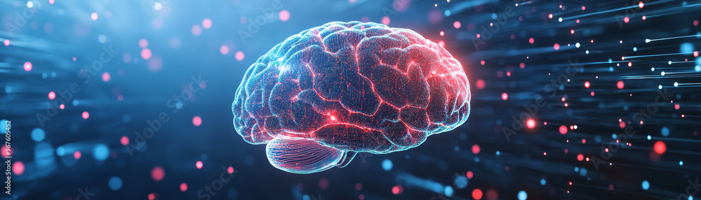 Poster a holographic brain floats in sea of digital data, representing fusion of technology and neuroscienc