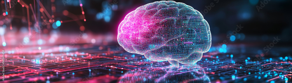 Poster a holographic brain floats in sea of digital data, showcasing intersection of technology and neurosc