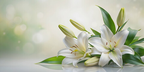 Fototapeta premium Sympathy card with white lily flowers and delicate green leaves , Sympathy, card, floral, lily, flowers, white, condolence, nature