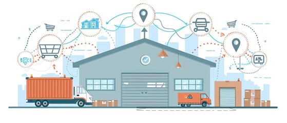 A large building with a lot of trucks and cars parked in front of it