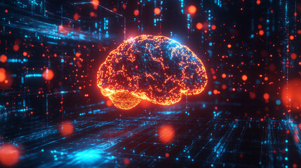 A vibrant abstract representation of an AI brain, composed of interconnected data clusters, illuminated by glowing particles in digital environment. This image evokes sense of innovation and technolog