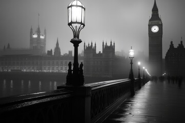 Street lamps illuminating westminster bridge in the fog with big ben in london