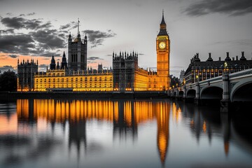 Fototapeta premium The palace of westminster and big ben reflecting on the thames at sunset