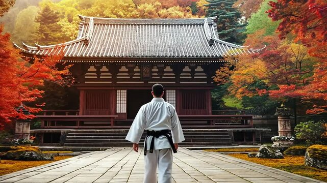 Martial Artist Walking Towards a Traditional Temple in Autumn Setting Generative AI