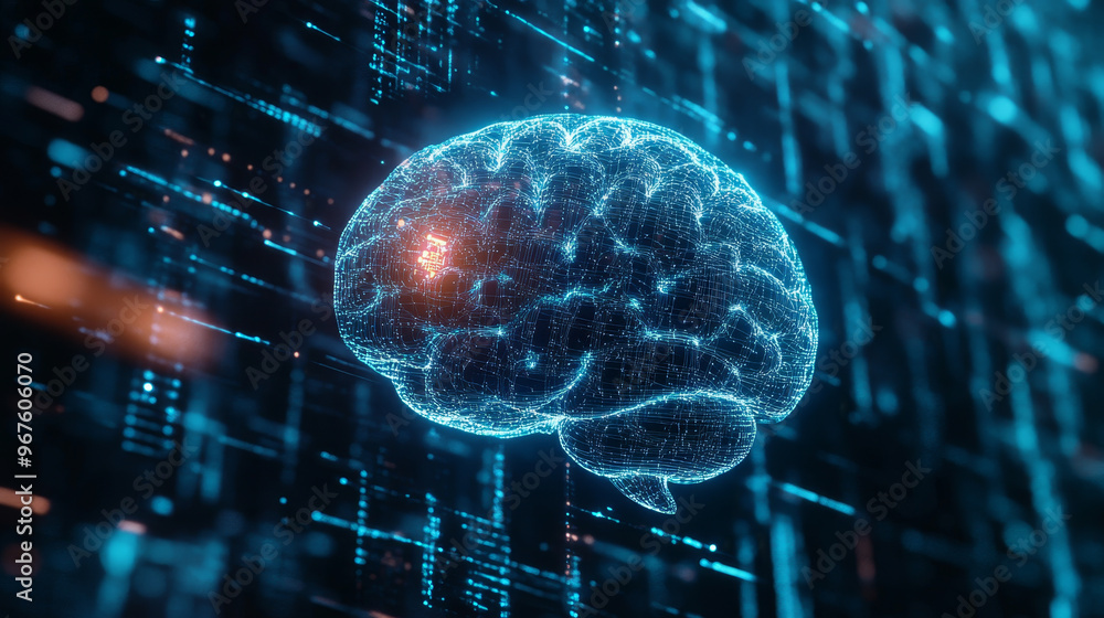 Poster a digital brain floats in matrix of data symbols, representing advanced technology and artificial in
