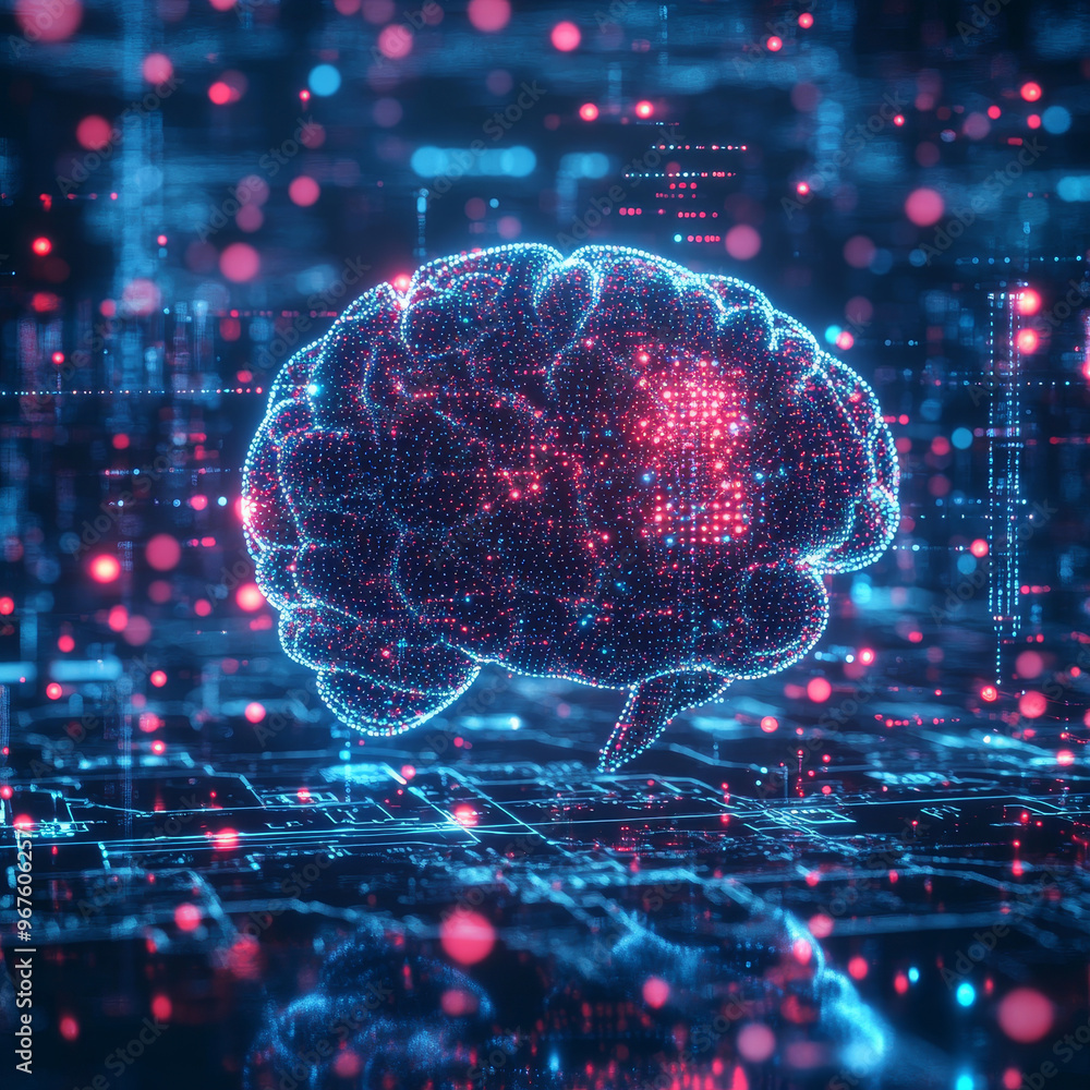 Poster a digital brain surrounded by floating data particles creates mesmerizing visual of technology and i