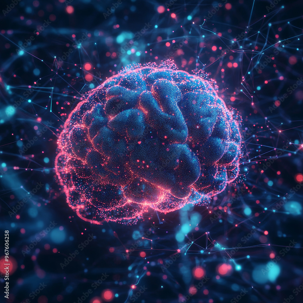 Poster a digital brain is surrounded by floating data particles, creating vibrant and dynamic visual repres