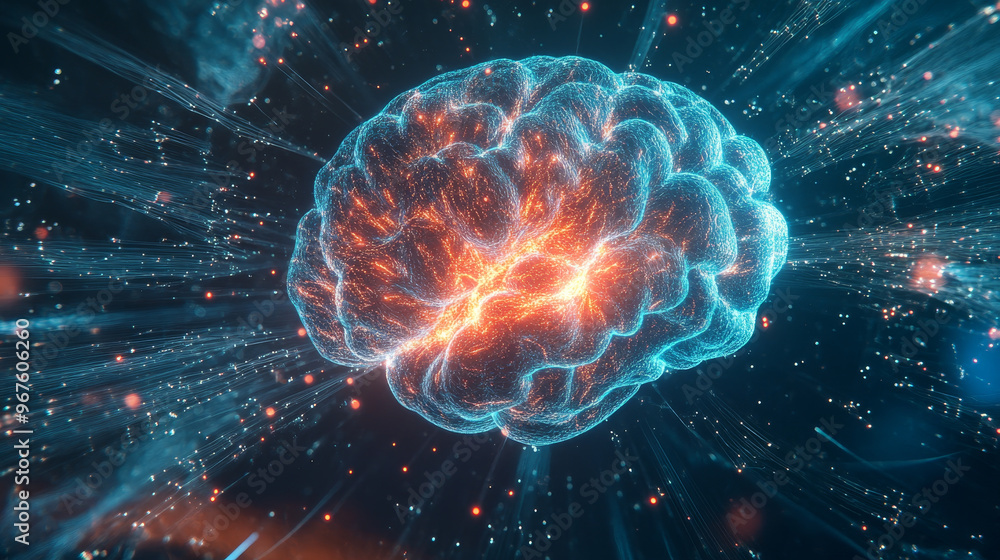 Poster a digital brain illuminated with vibrant colors, surrounded by floating data streams, symbolizes adv