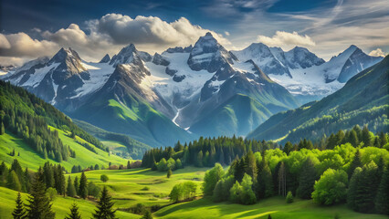 Fototapeta premium Beautiful mountain landscape with snow-capped peaks and lush green valleys, mountains, landscape, nature, scenic, outdoors, hills