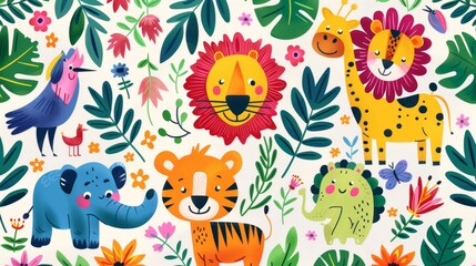 Obraz premium Cute cartoon animals in the jungle. pattern with funny elephant, lion, tiger, parrot, chameleon and flowers. Illustration.