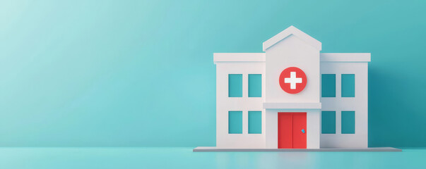 Hospital building with medical tools and training symbols, 3D illustration