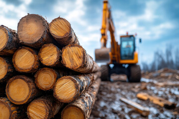 Excavator loading logs on logging site in forest
