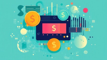 Obraz premium Colorful digital illustration of financial elements, showcasing currency symbols, graphs, and abstract shapes, ideal for finance themes.