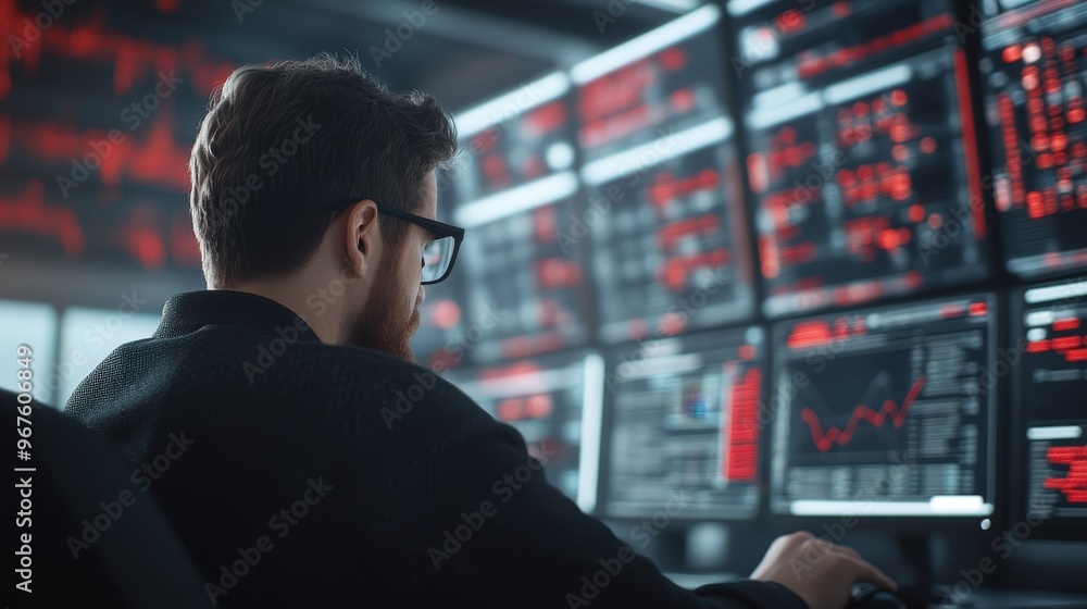 Aufkleber engaged analyst observing complex data trends in a high-tech analytical environment