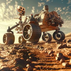 Alien Terrain Exploration Rover Tracks Mark Red Planet Surface, Space Exploration, Discovery