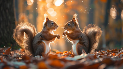 Two adorable squirrels in colorful orange autumn forest. Two Squirrels are in the forest and one of them is eating nuts. Fall season cute wildlife