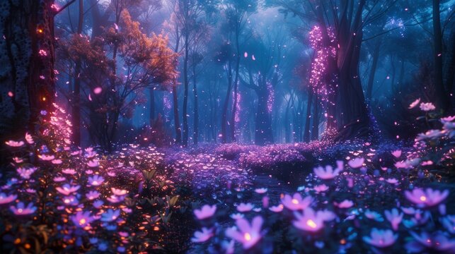 The purple flowers in the blue forest make the scenery look like a fairy tale.