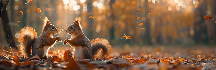 Two adorable squirrels in colorful orange autumn forest. Two Squirrels are in the forest and one of them is eating nuts. Fall season cute wildlife