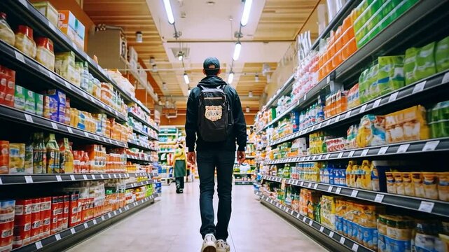 Shopper Walking Through Supermarket Aisle Filled With Groceries Generative AI