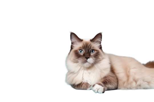 A beautiful Siamese cat with blue eyes, laying down on png background.