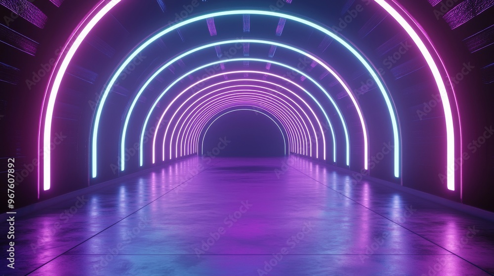 Poster in another image, an abstract background of neon pinks and blues is illuminated by ultraviolet light