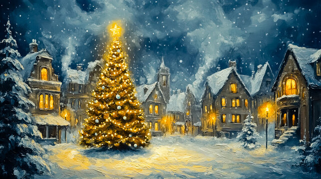 A painting of a Christmas tree in the middle of a snowy town.