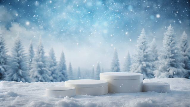 Ice podium with product display on snowy winter background, ice, podium, product, display, winter, background, snow, cold