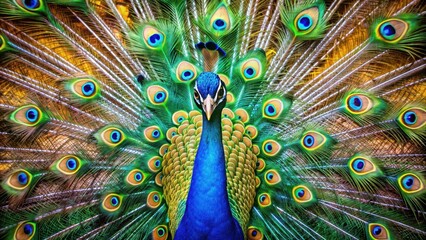 Fototapeta premium Majestic peacock displaying vibrant feathers, bird, wildlife, plumage, colorful, nature, beauty, exotic, tail, animal